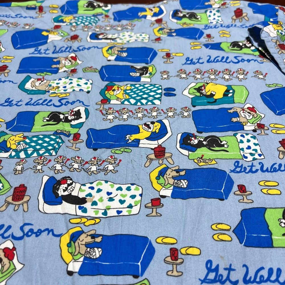 Scrubs Station Get Well Soon Cartoon Cats Dogs Mice Scrub Top Blue 3XL Plus Size - Picture 10 of 12